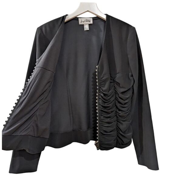 Joseph Ribkoff Veston Ruffled Jewel Encrusted Zip Up Black Jacket Women's Size 8 - Picture 4 of 10